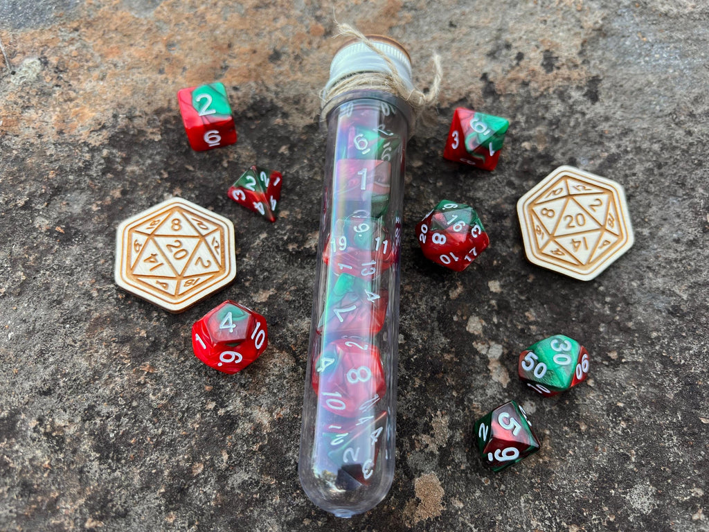Brown Green "Dragon Scales" DnD 7 Polyhedral Dice Set in Potion Flask