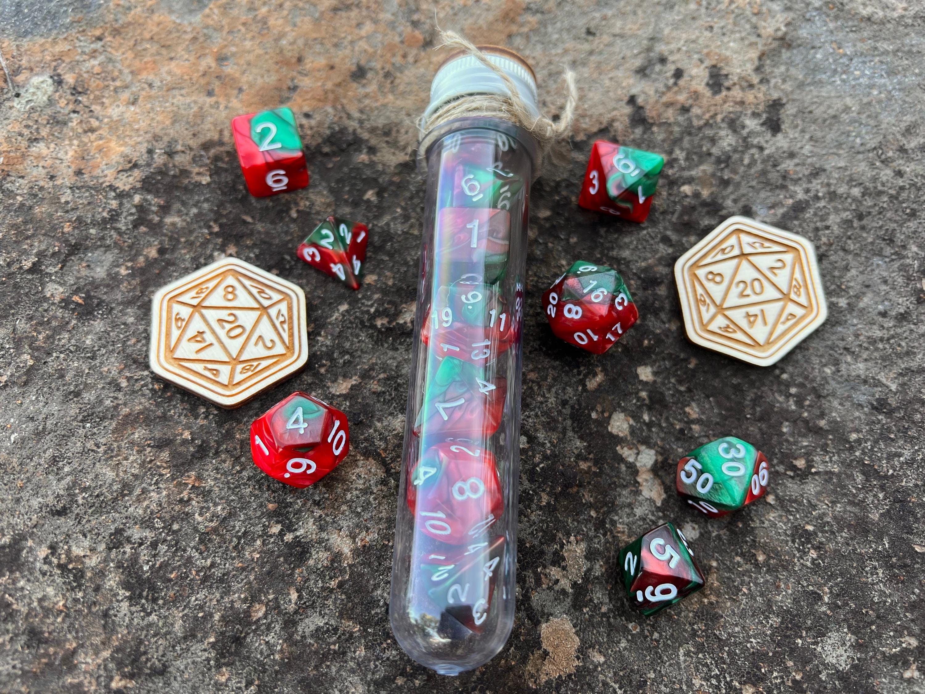 Brown Green "Dragon Scales" DnD 7 Polyhedral Dice Set in Potion Flask