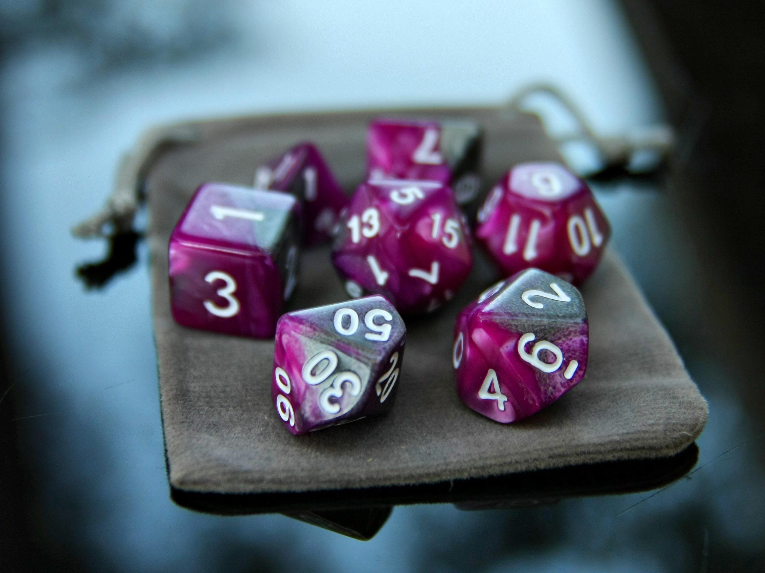 Purple Gray White "Necrostorm" DnD 7 Polyhedral Dice Set in Potion Flask