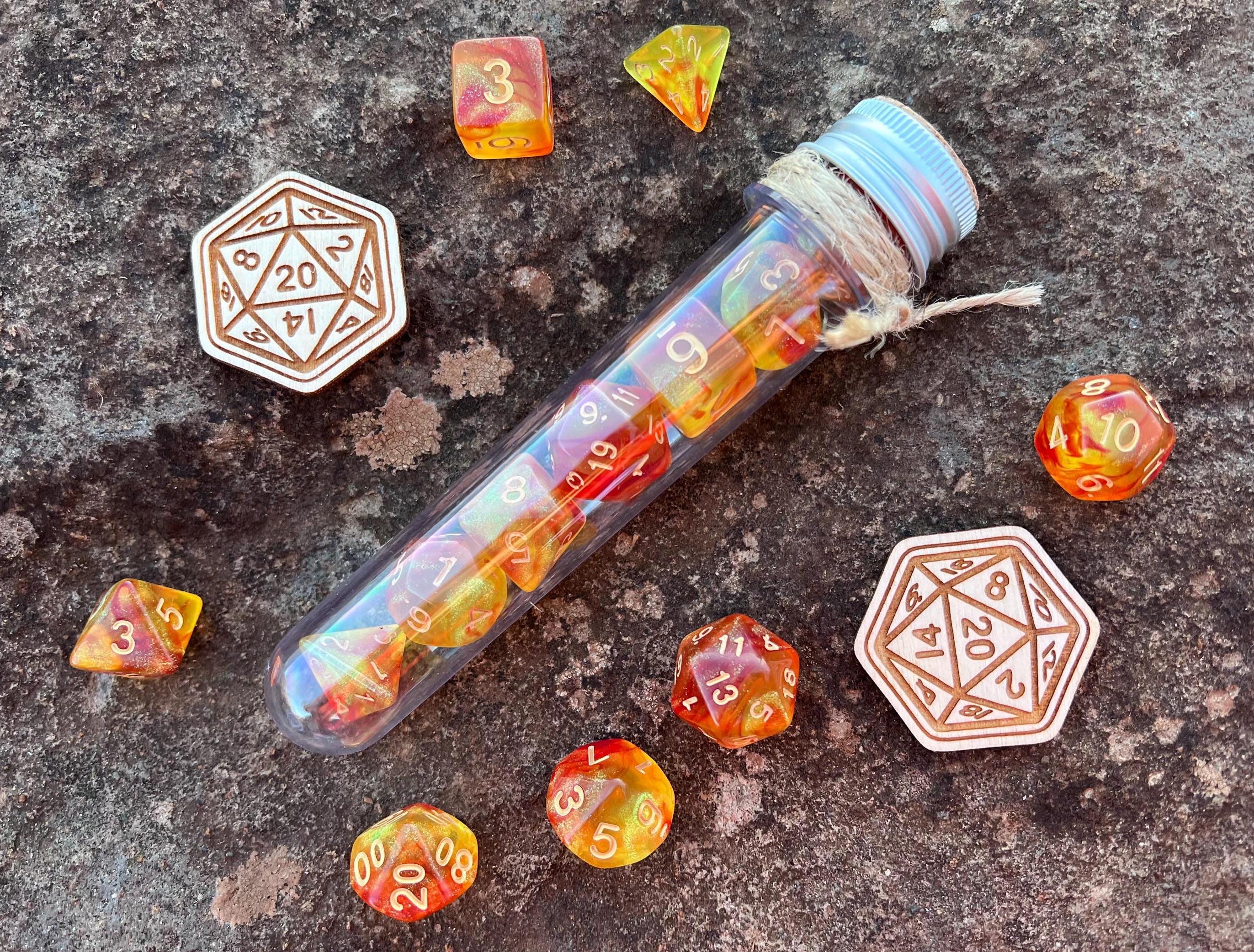 Shimmer Orange Gold "Eternal Phoenix" DnD 7 Polyhedral Dice Set in Potion Flask