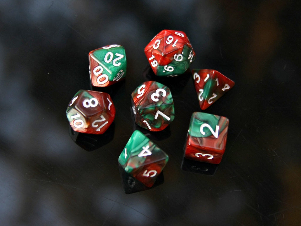 Brown Green "Dragon Scales" DnD 7 Polyhedral Dice Set in Potion Flask
