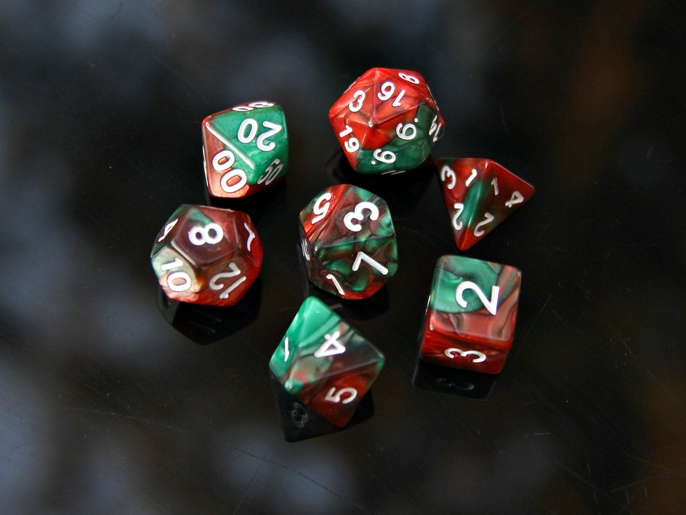 Brown Green "Dragon Scales" DnD 7 Polyhedral Dice Set in Potion Flask