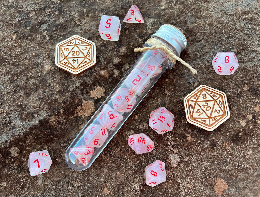 Shimmer White Red "Seven Tailed Kitsune" DnD 7 Polyhedral Dice Set in Potion Flask