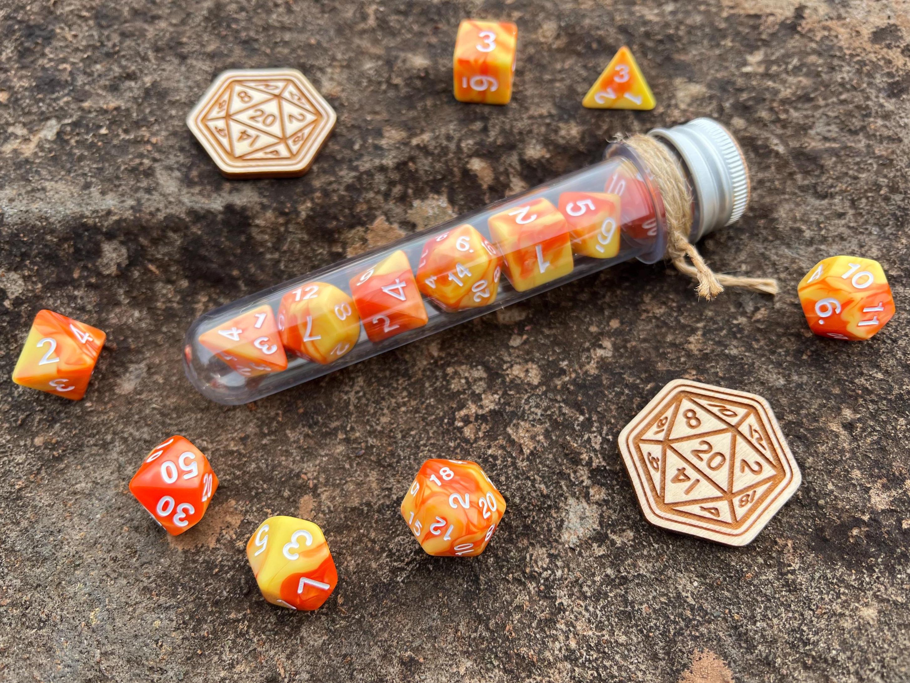 Orange Yellow White "Fireball" DnD 7 Polyhedral Dice Set in Potion Flask