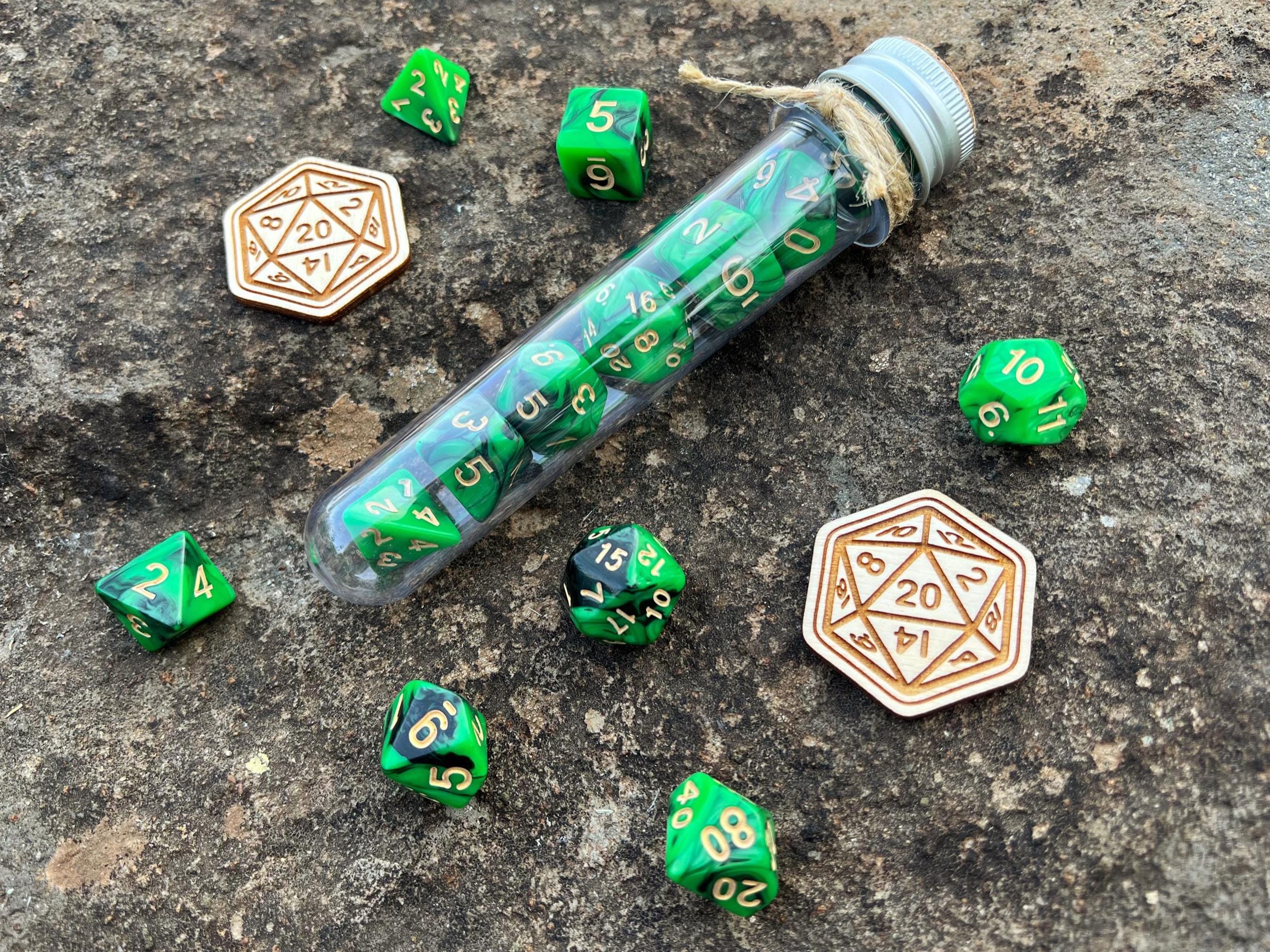 Green Black Gold "Green Serpent" DnD 7 Polyhedral Dice Set in Potion Flask
