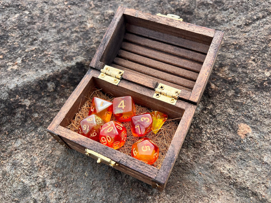 Shimmer Orange Gold "Eternal Phoenix" DnD 7 Polyhedral Dice Set in Wooden Chest