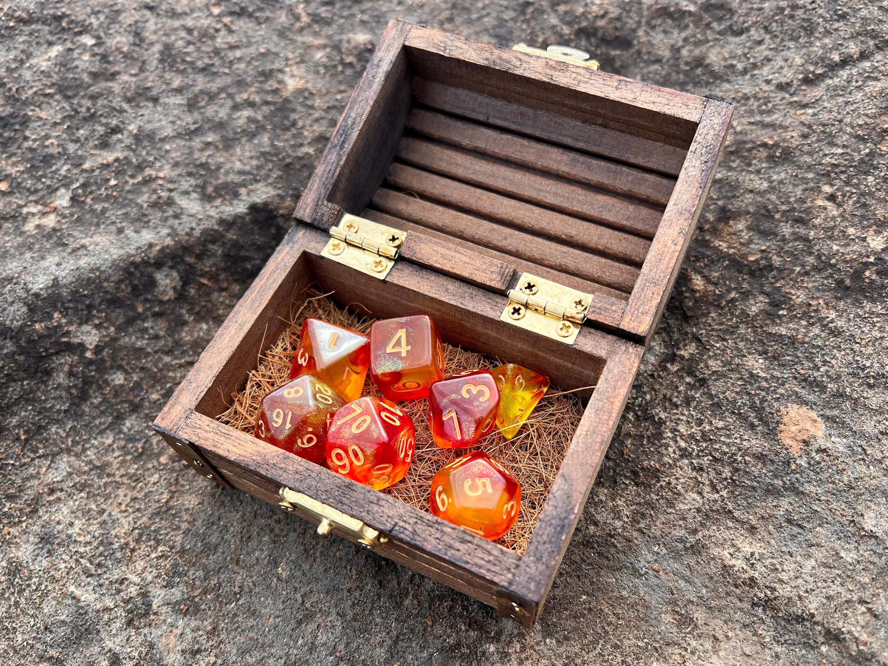 Shimmer Orange Gold "Eternal Phoenix" DnD 7 Polyhedral Dice Set in Wooden Chest
