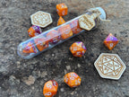 Orange Purple "Dragon Flame" DnD 7 Polyhedral Dice Set in Potion Flask