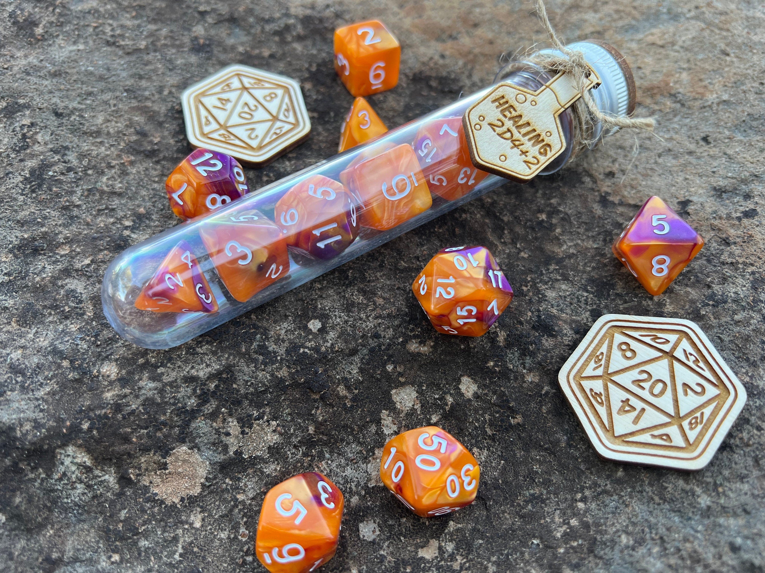 Orange Purple "Dragon Flame" DnD 7 Polyhedral Dice Set in Potion Flask