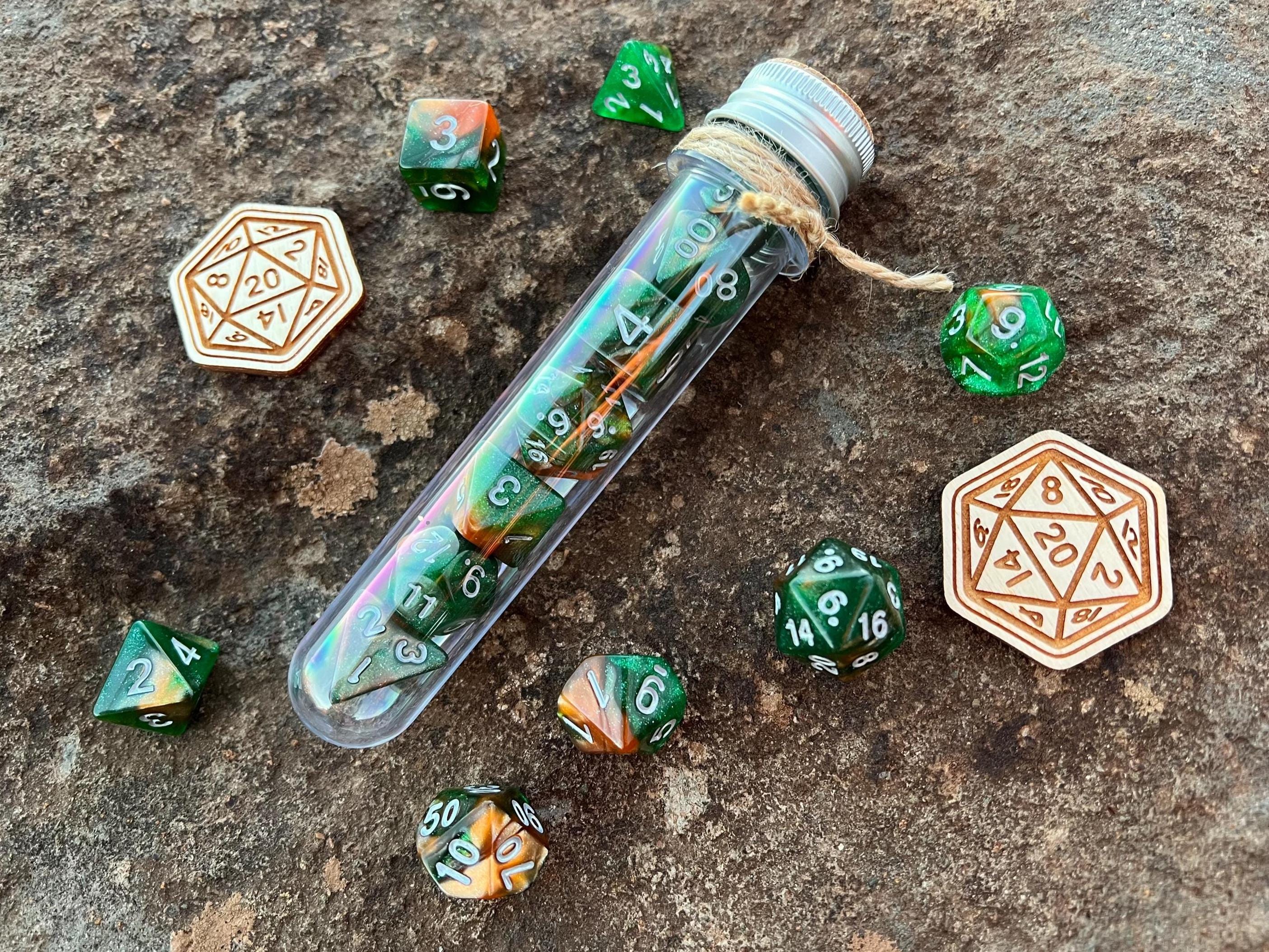 Shimmer Green Gold "Lucky Leprechaun" DnD 7 Polyhedral Dice Set in Potion Flask