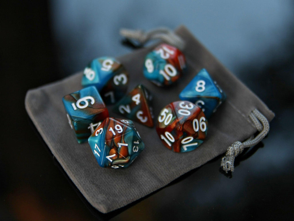 Blue Brown Orange "Ice and Fire" DnD 7 Polyhedral Dice Set in Potion Flask