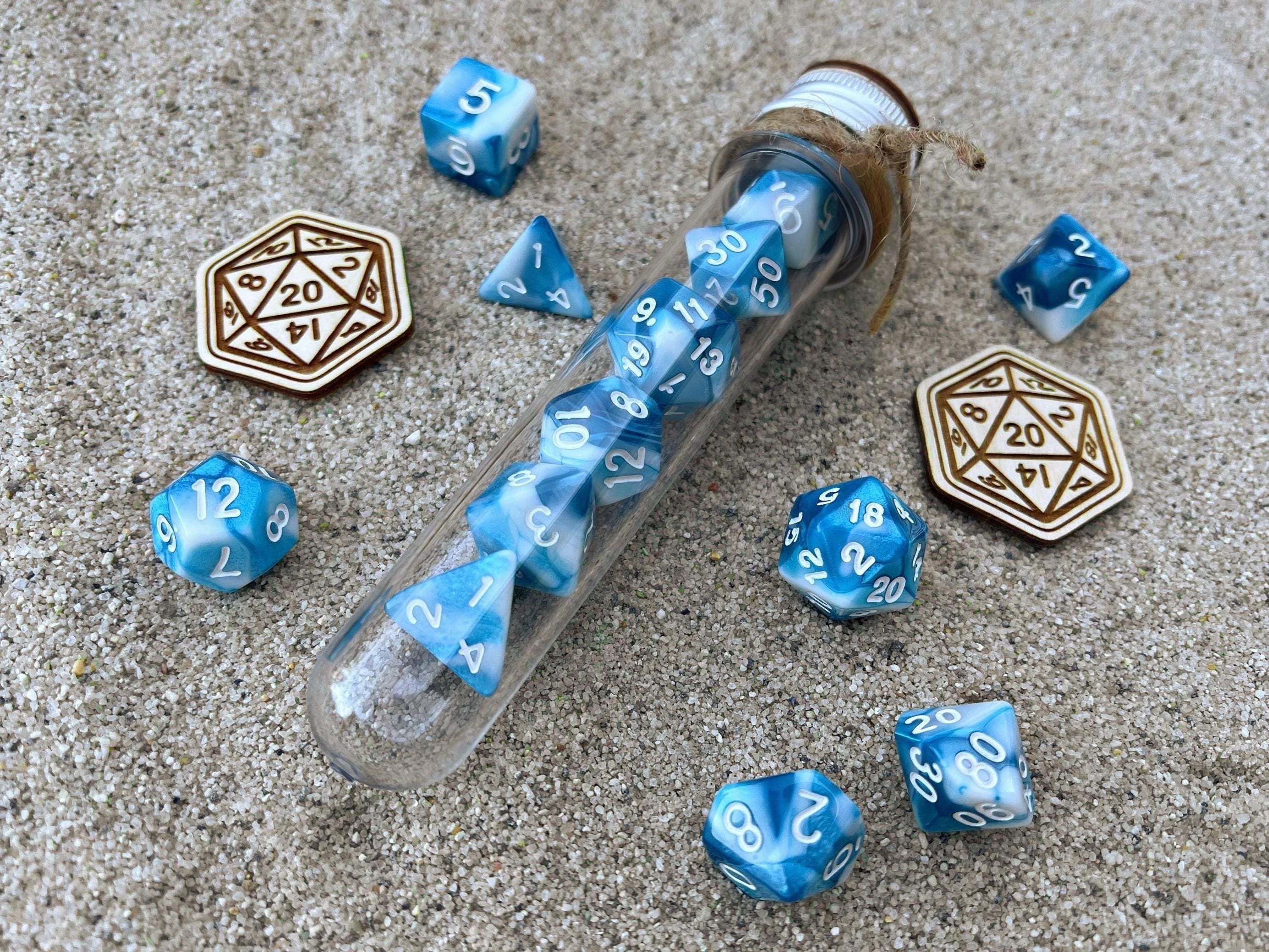 Light Blue White "Sea Wave" DnD 7 Polyhedral Dice Set in Potion Flask