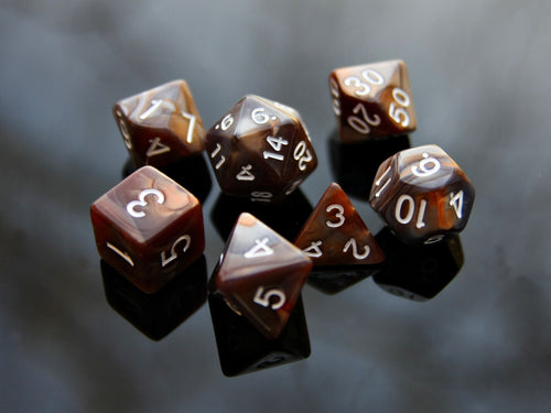 Brown Gray White "Brown Lava" DnD 7 Polyhedral Dice Set in Potion Flask
