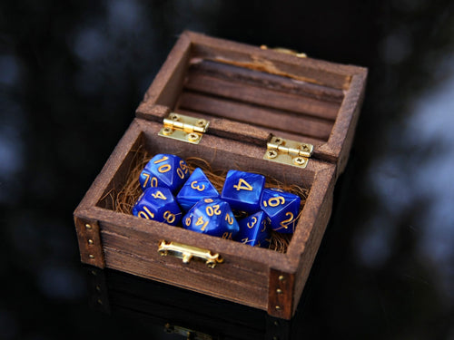 Blue Yellow "Blue Lagoon" DnD 7 Polyhedral Dice Set in Wooden Chest