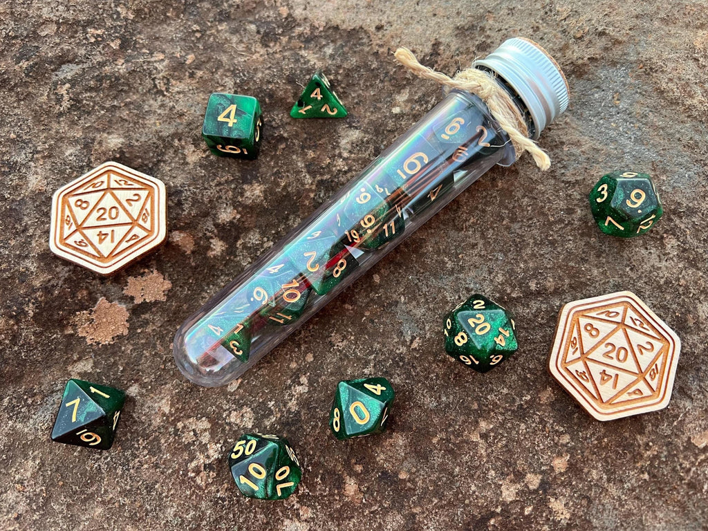 Shimmer Green Black Gold "Totoro Forest" DnD 7 Polyhedral Dice Set in Potion Flask
