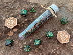 Shimmer Green Black Gold "Totoro Forest" DnD 7 Polyhedral Dice Set in Potion Flask