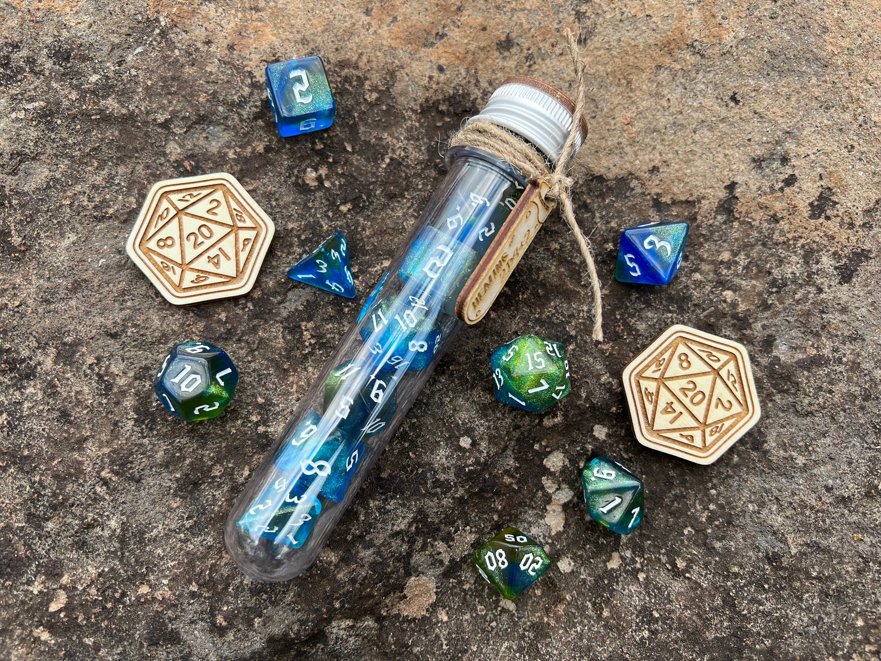 Shimmer Blue Yellow "Druid Magic" DnD 7 Polyhedral Dice Set in Potion Flask