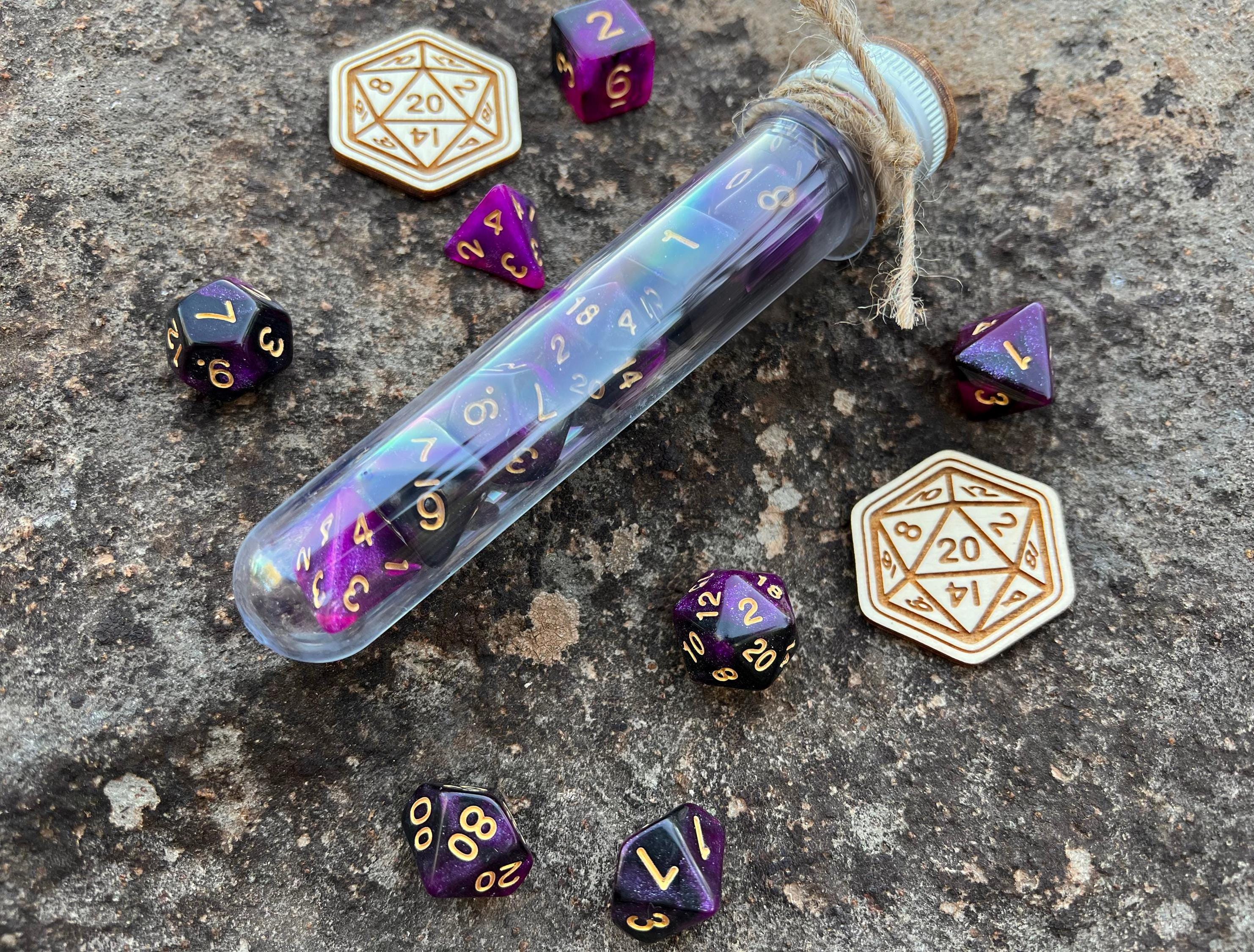 Shimmer Purple Black "Dark Matter" DnD 7 Polyhedral Dice Set in Potion Flask