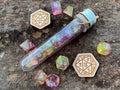 Shimmer Pink Yellow "Mermaid" DnD 7 Polyhedral Dice Set in Potion Flask