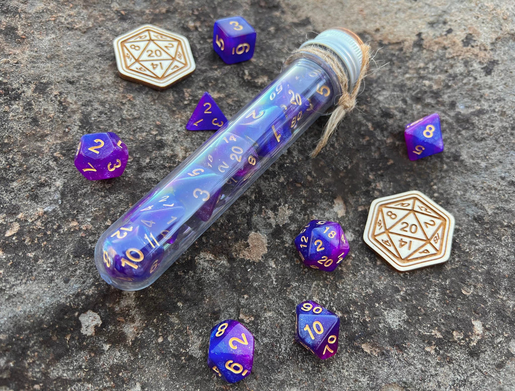 Shimmer Purple Blue "Distant Galaxy" DnD 7 Polyhedral Dice Set in Potion Flask