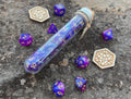 Shimmer Purple Blue "Distant Galaxy" DnD 7 Polyhedral Dice Set in Potion Flask