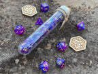 Shimmer Purple Blue "Distant Galaxy" DnD 7 Polyhedral Dice Set in Potion Flask