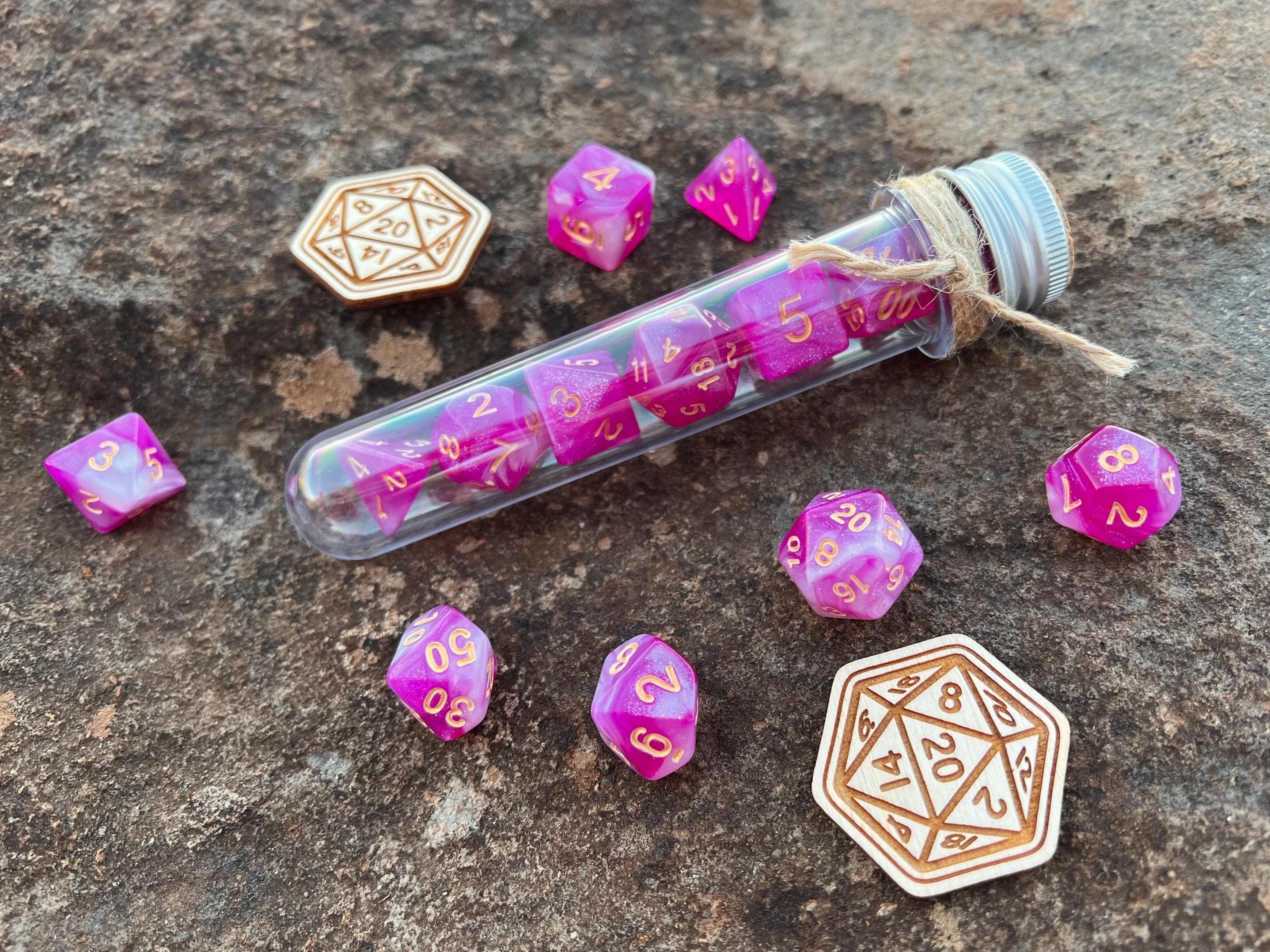 Shimmer Pink White Gold "Magic Sakura" DnD 7 Polyhedral Dice Set in Potion Flask