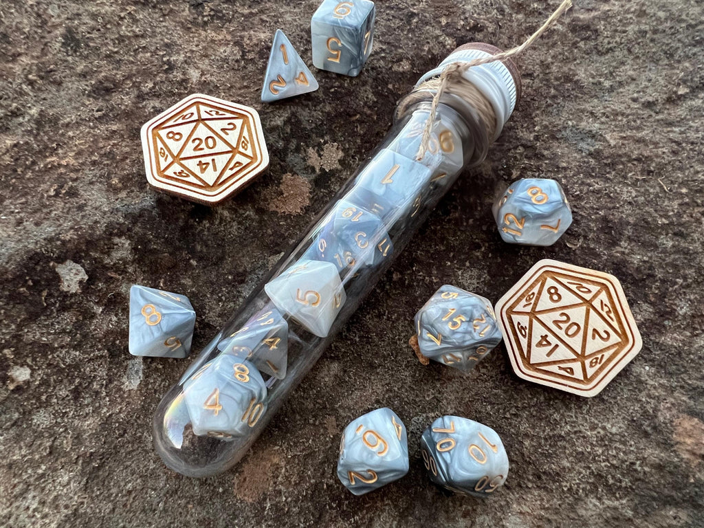 Gray White Gold "Storm" DnD 7 Polyhedral Dice Set in Potion Flask
