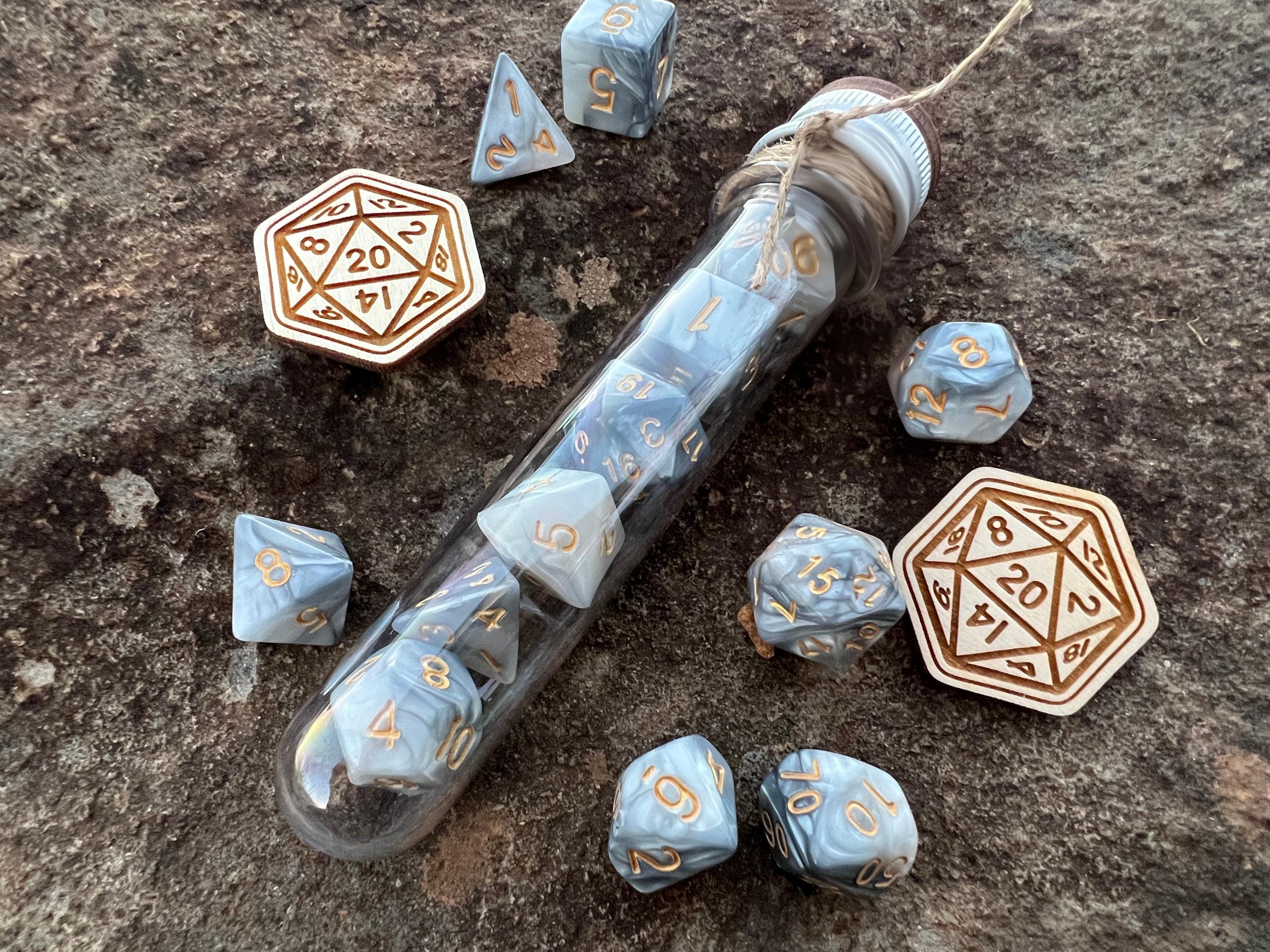 Gray White Gold "Storm" DnD 7 Polyhedral Dice Set in Potion Flask