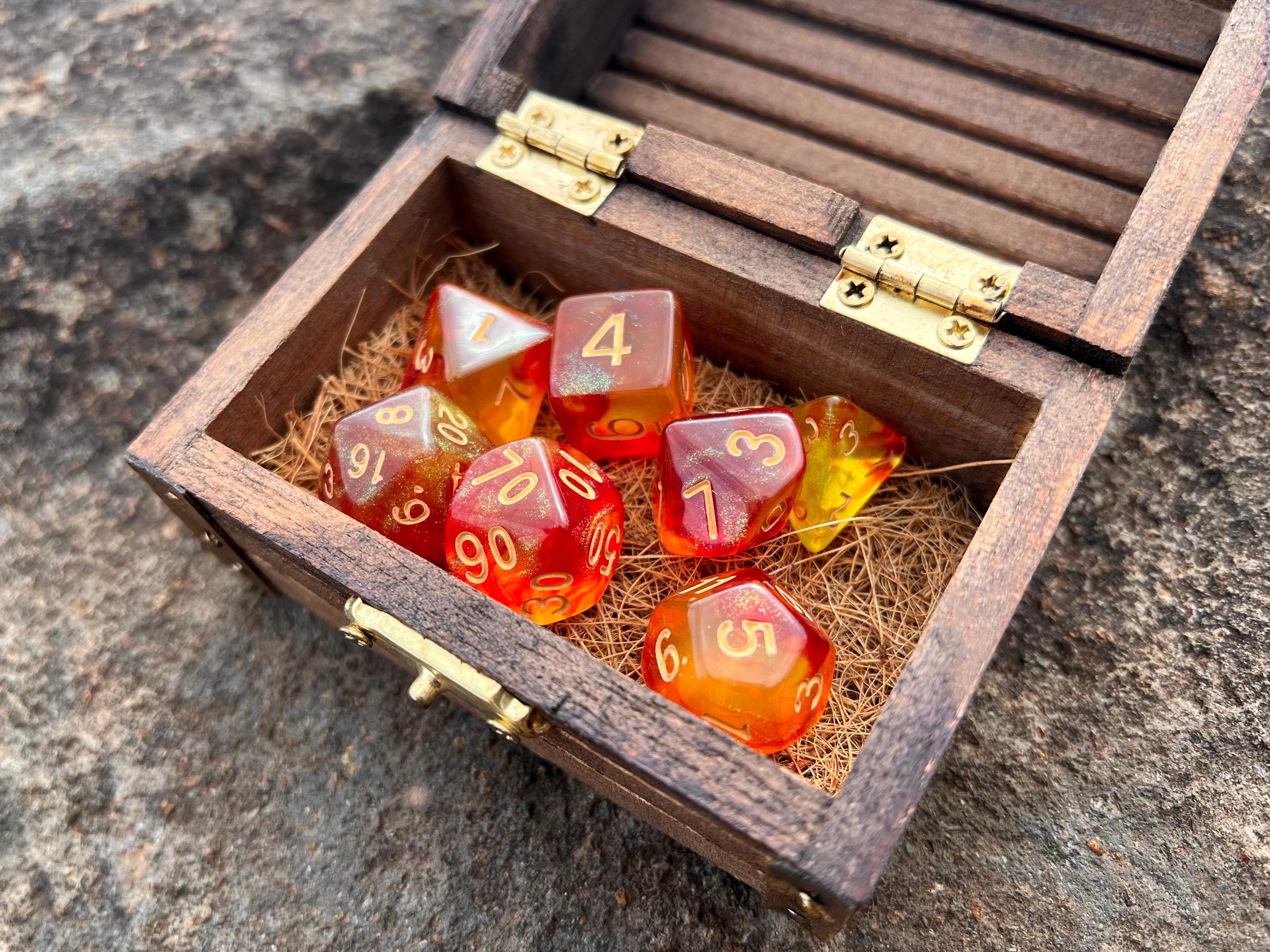 Shimmer Orange Gold "Eternal Phoenix" DnD 7 Polyhedral Dice Set in Wooden Chest