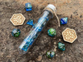 Shimmer Blue Yellow "Druid Magic" DnD 7 Polyhedral Dice Set in Potion Flask