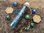 Shimmer Blue Yellow "Druid Magic" DnD 7 Polyhedral Dice Set in Potion Flask