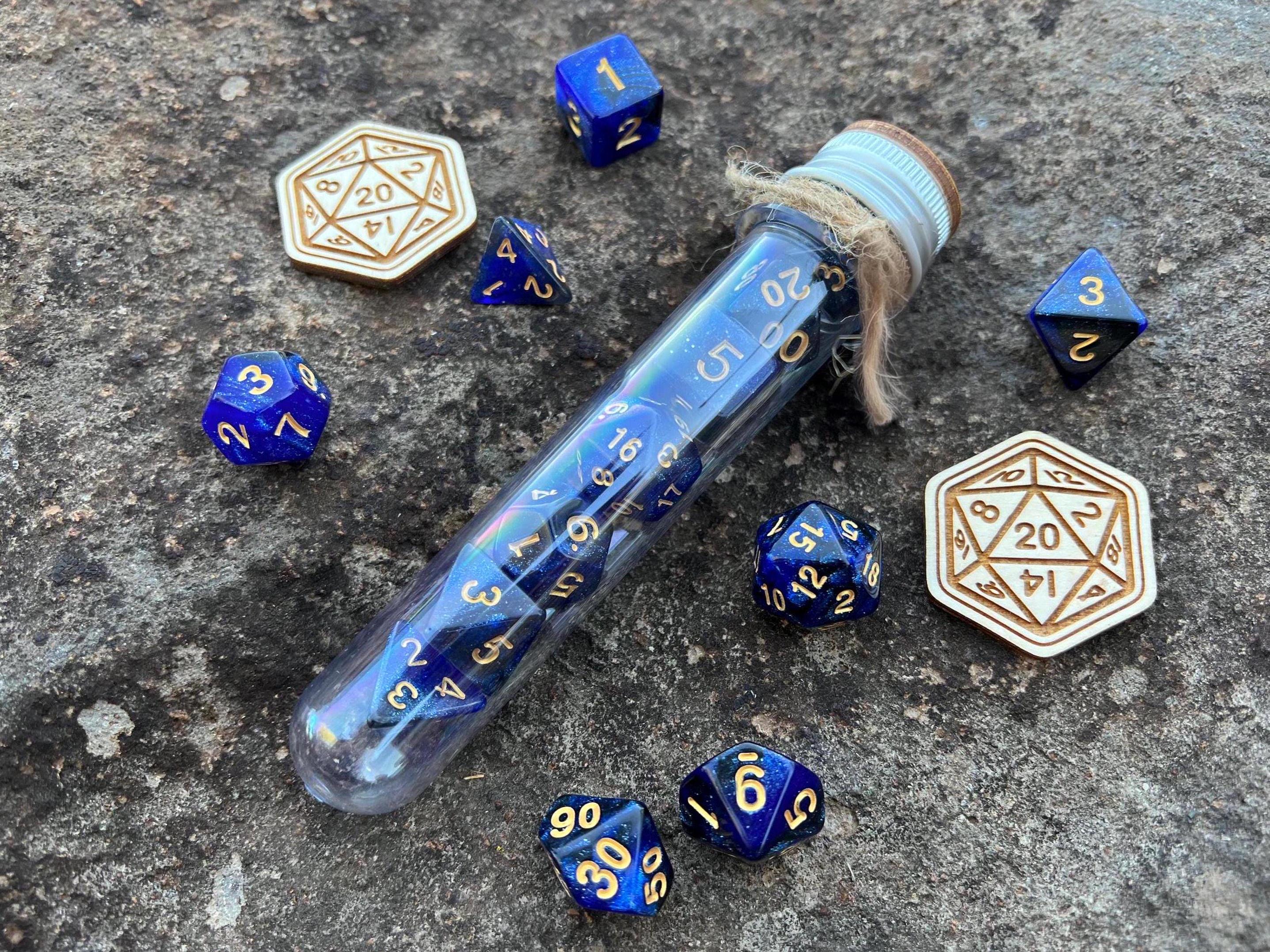 Shimmer Blue Black "Billion Stars" DnD 7 Polyhedral Dice Set in Potion Flask