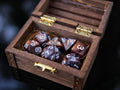 Brown Gray White "Brown Lava" DnD 7 Polyhedral Dice Set in Wooden Chest
