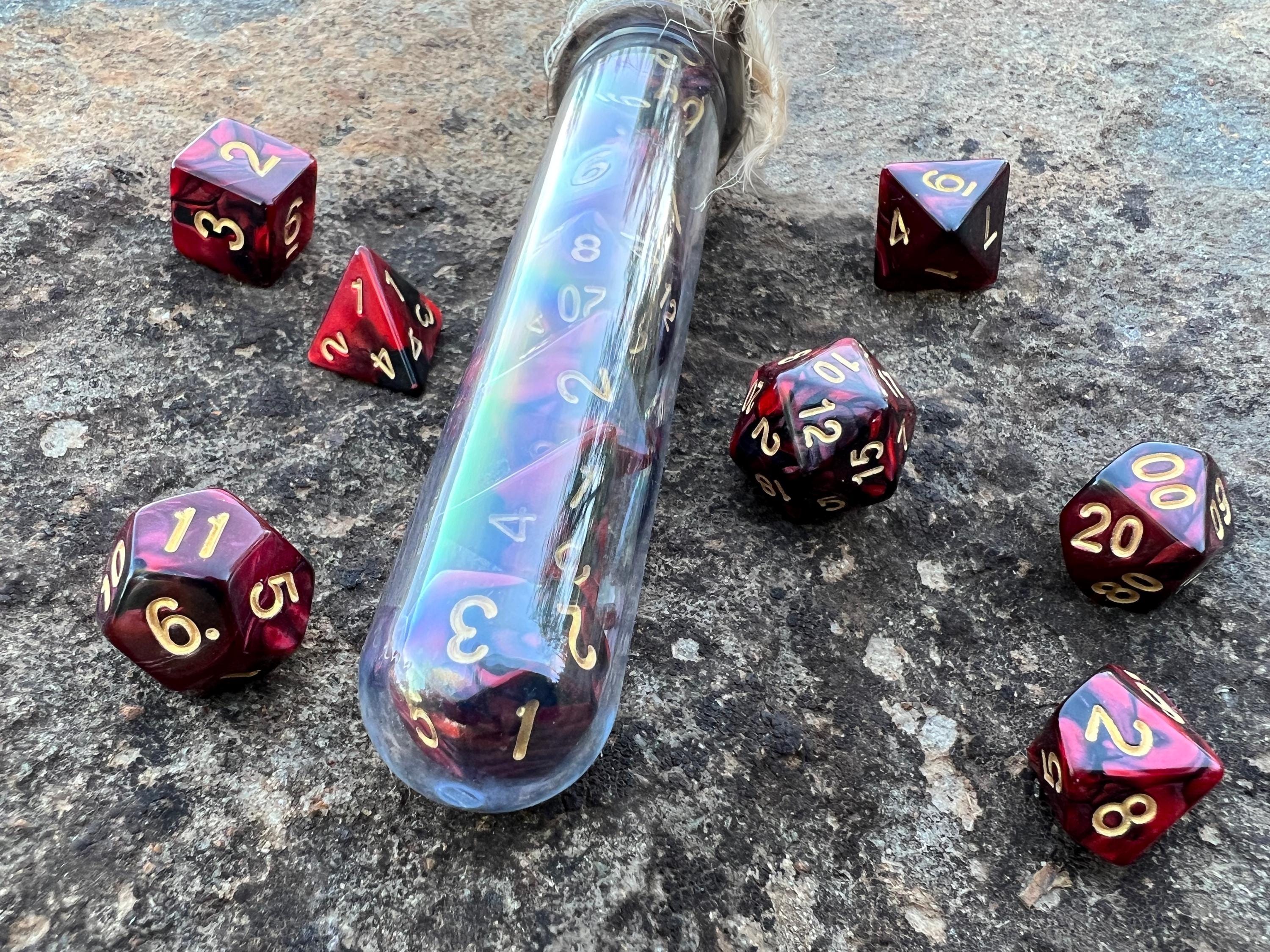 Red Black Gold "Dragon Blood" DnD 7 Polyhedral Dice Set in Potion Flask