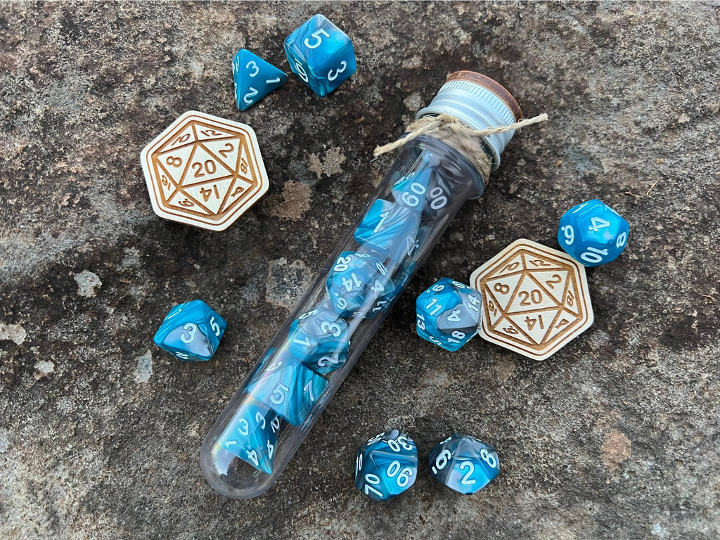 Light Blue Gray "Deep Ocean" DnD 7 Polyhedral Dice Set in Potion Flask