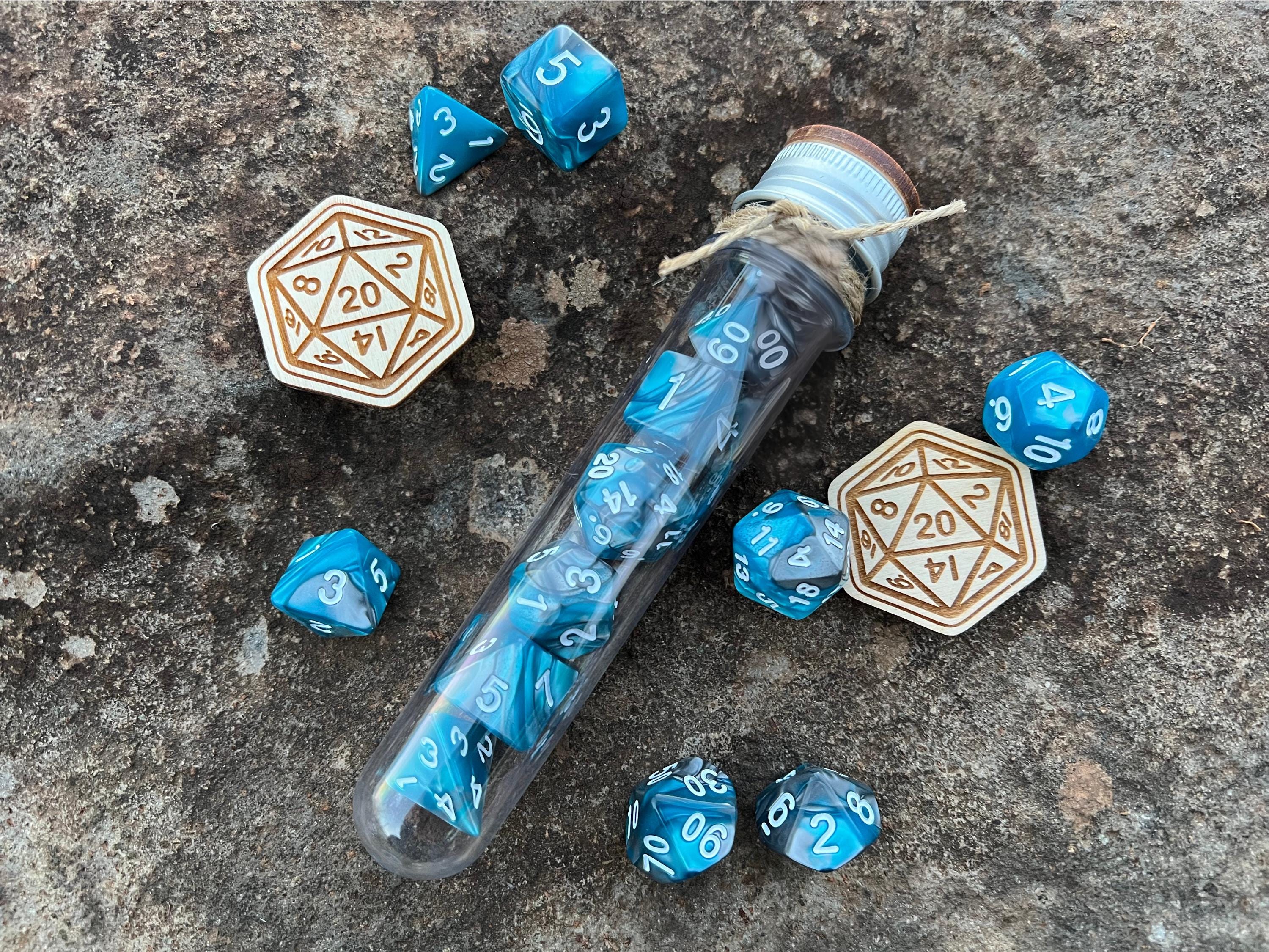 Light Blue Gray "Deep Ocean" DnD 7 Polyhedral Dice Set in Potion Flask