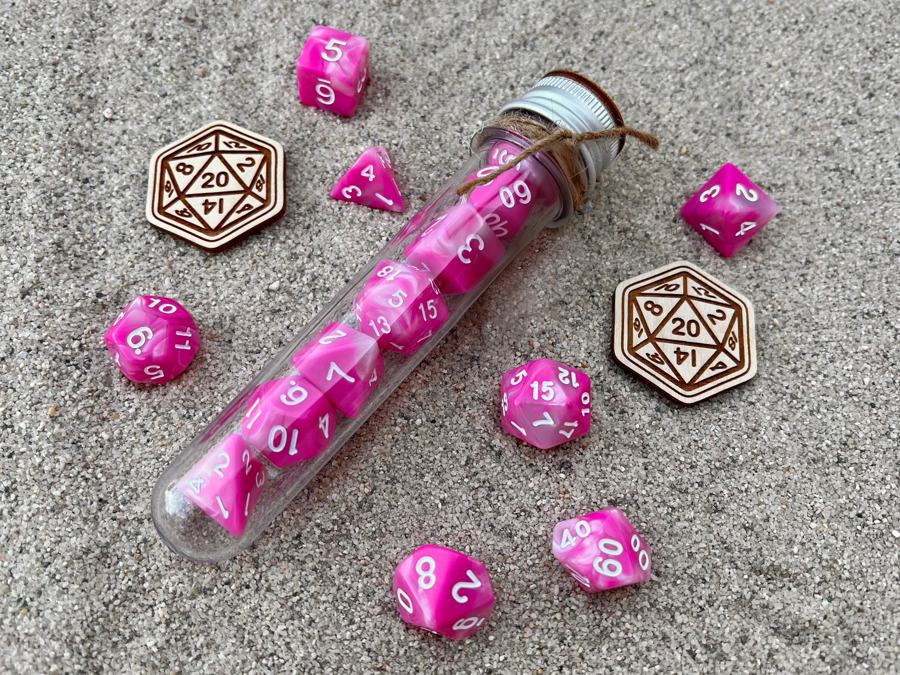 Pink White "Pink Coral" DnD 7 Polyhedral Dice Set in Potion Flask