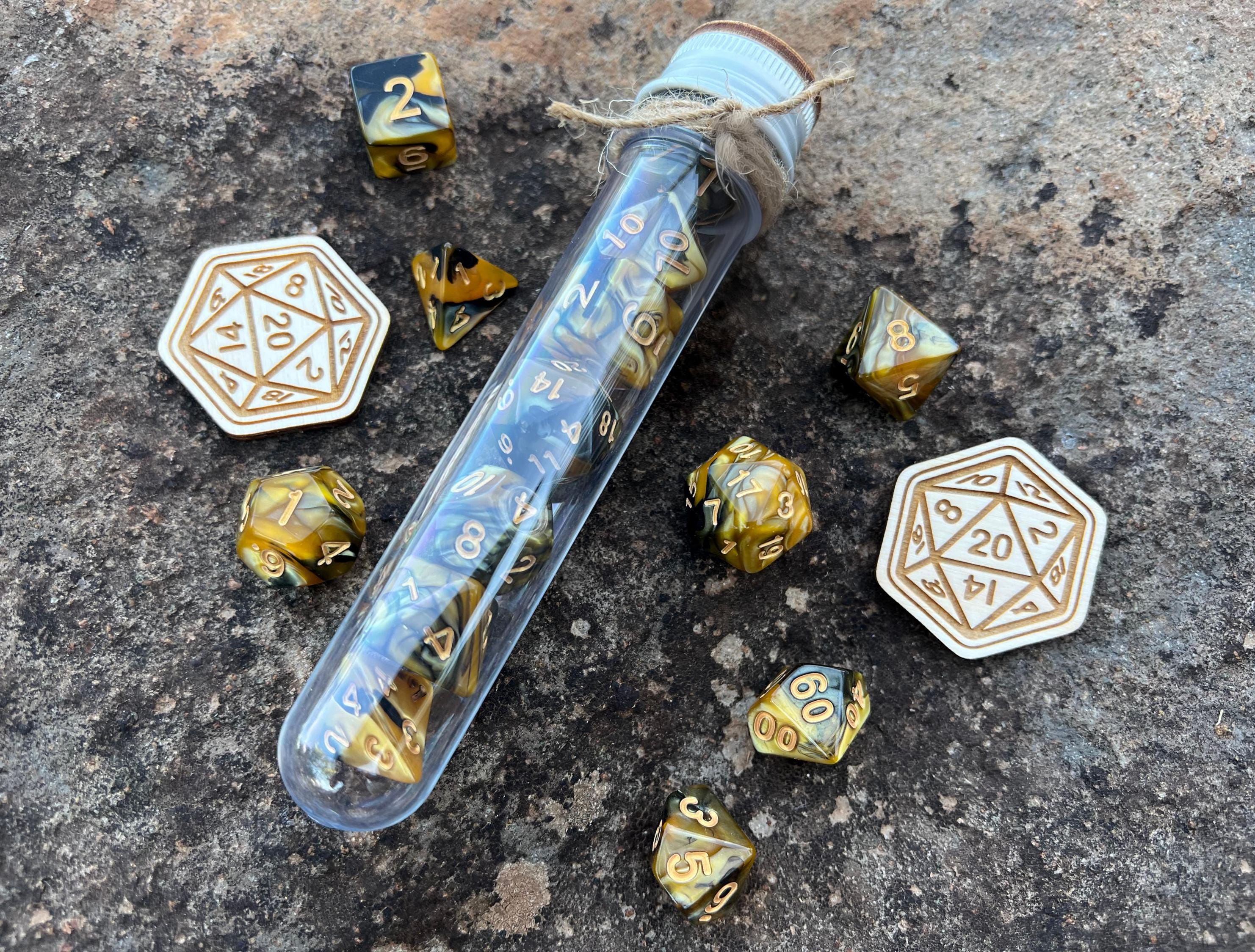 Yellow Black "Dragon Gold" DnD 7 Polyhedral Dice Set in Potion Flask