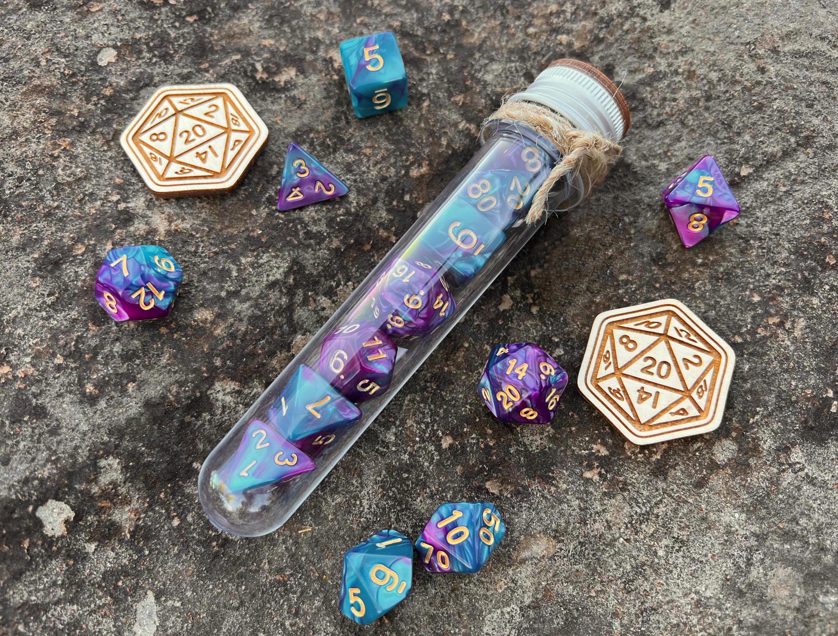 Turquoise Purple "Supernova" DnD 7 Polyhedral Dice Set in Potion Flask