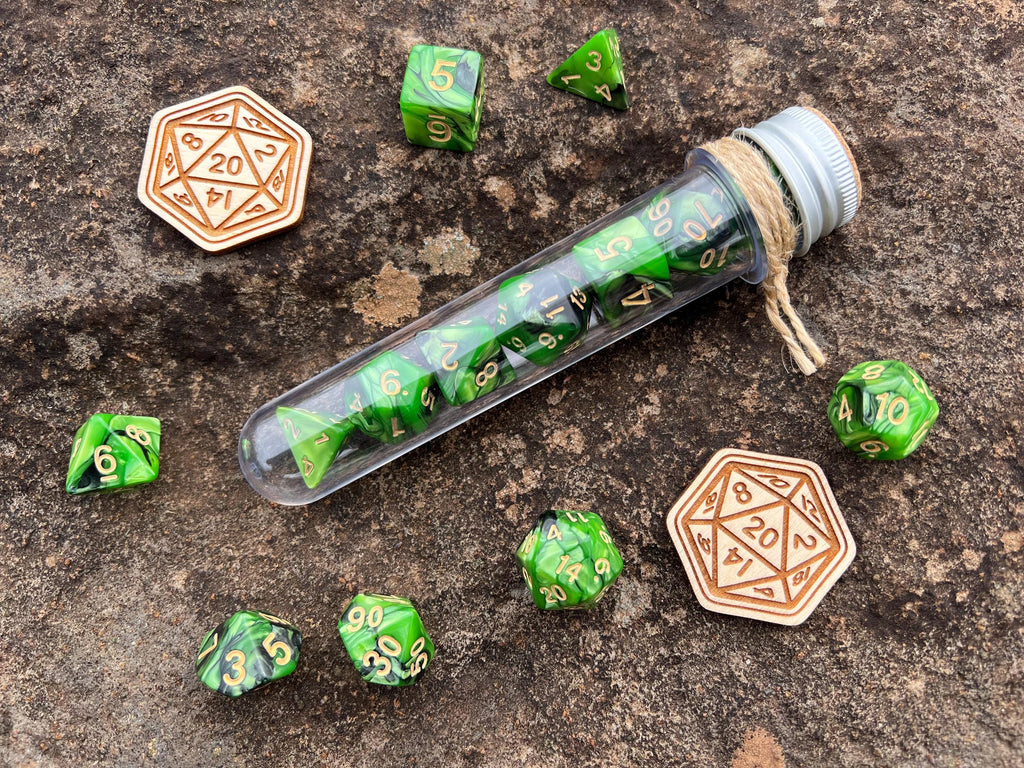 Green Black "Serendipity" DnD 7 Polyhedral Dice Set in Potion Flask
