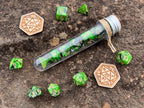 Green Black "Serendipity" DnD 7 Polyhedral Dice Set in Potion Flask