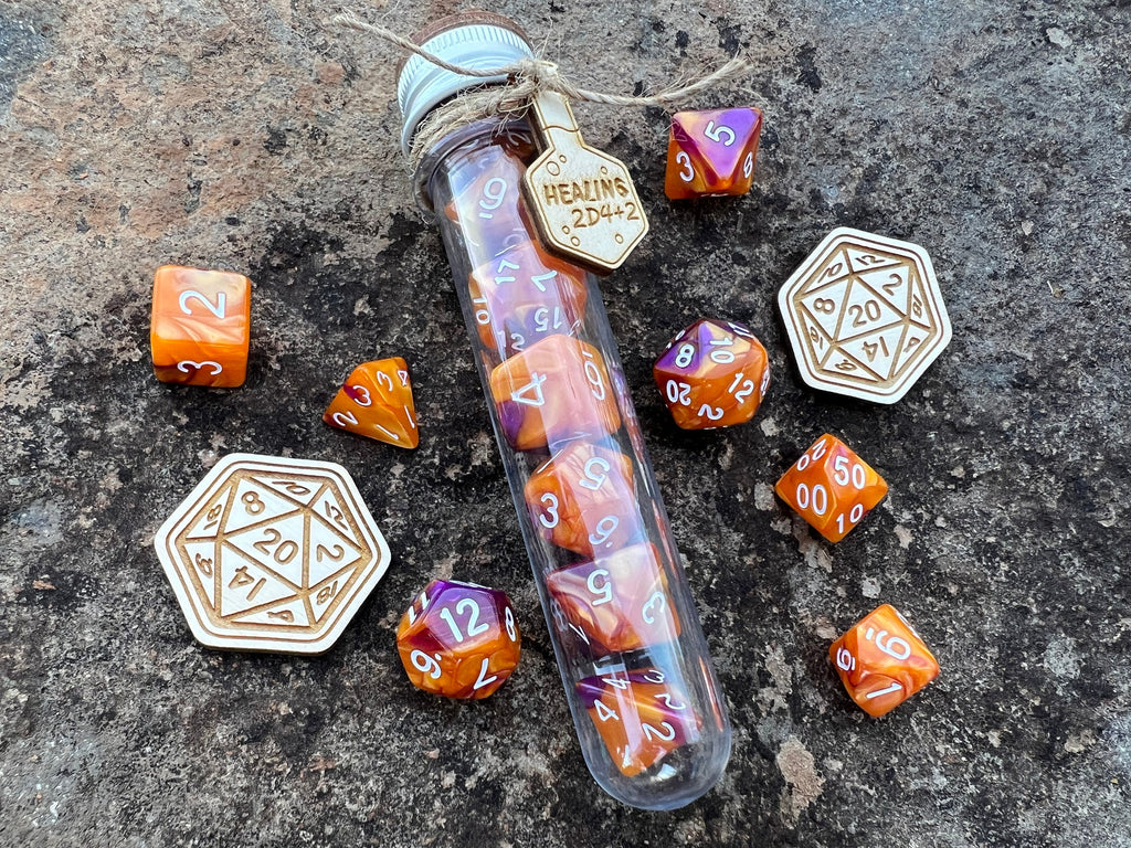 Orange Purple "Dragon Flame" DnD 7 Polyhedral Dice Set in Potion Flask