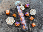 Orange Purple "Dragon Flame" DnD 7 Polyhedral Dice Set in Potion Flask
