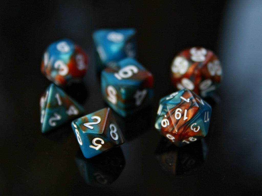 Blue Brown Orange "Ice and Fire" DnD 7 Polyhedral Dice Set in Potion Flask