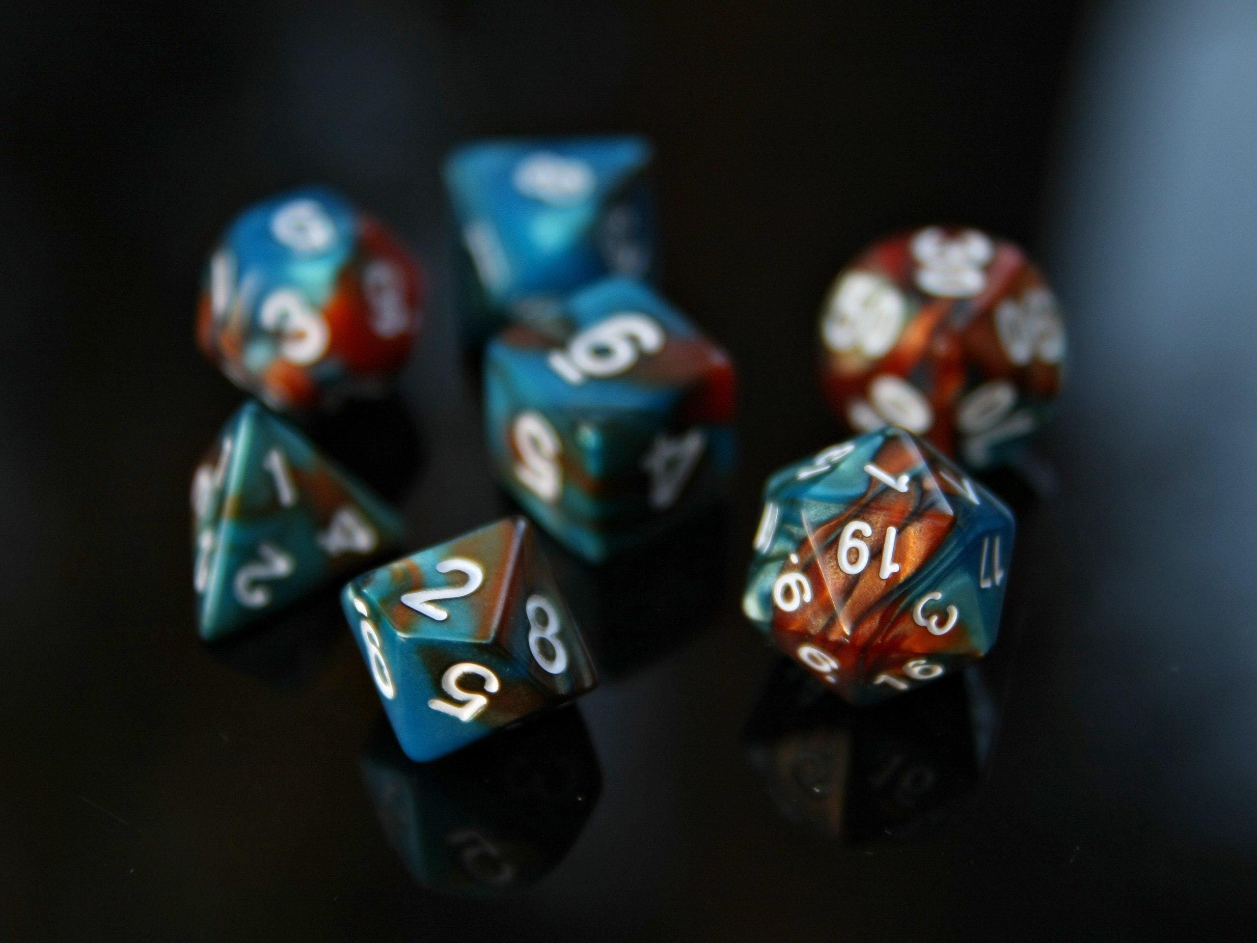 Blue Brown Orange "Ice and Fire" DnD 7 Polyhedral Dice Set in Potion Flask