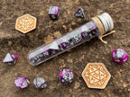Purple Gray White "Necrostorm" DnD 7 Polyhedral Dice Set in Potion Flask