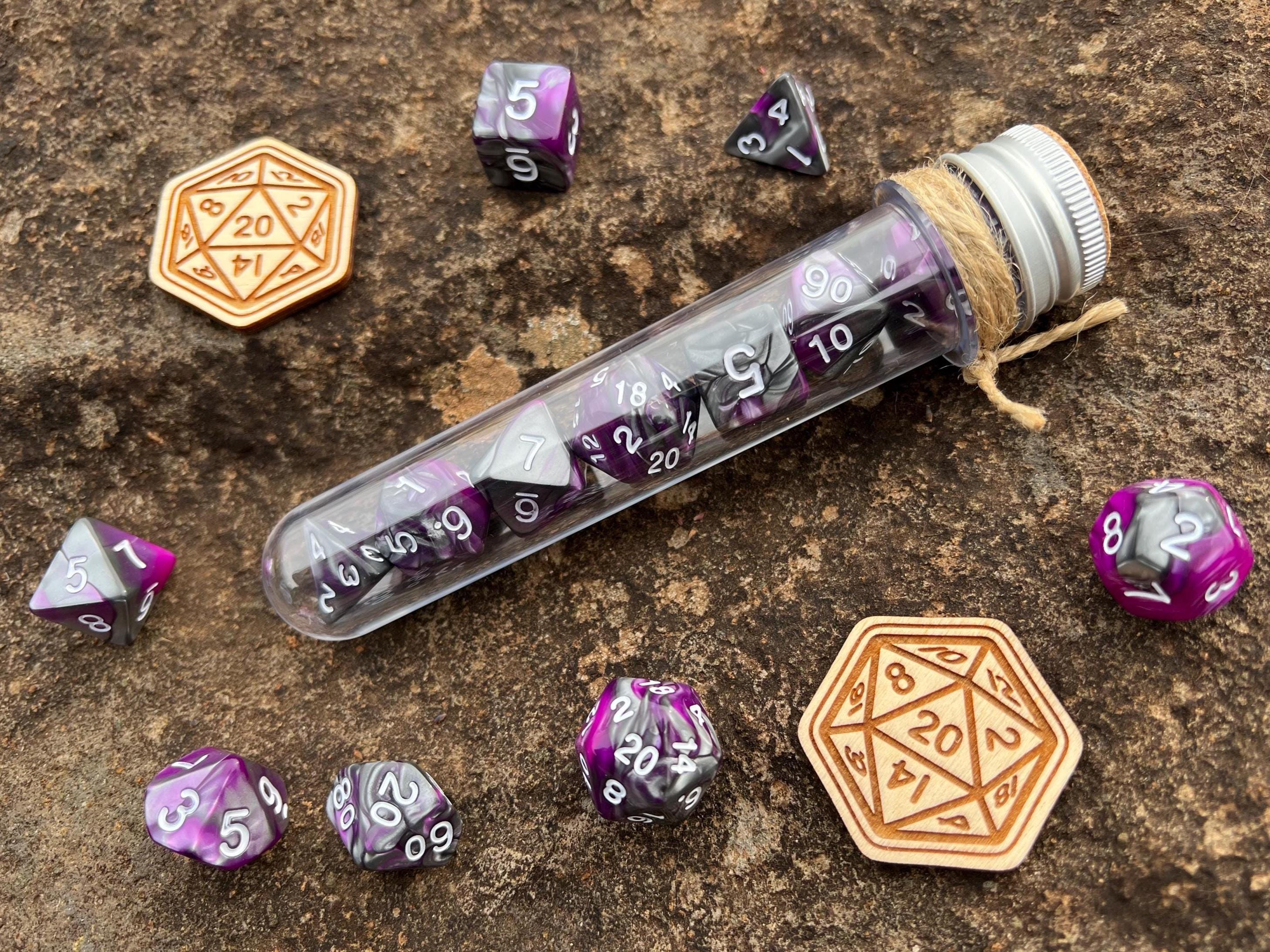 Purple Gray White "Necrostorm" DnD 7 Polyhedral Dice Set in Potion Flask