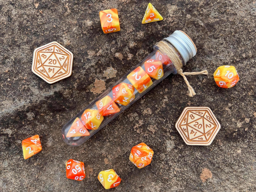 Orange Yellow White "Fireball" DnD 7 Polyhedral Dice Set in Potion Flask