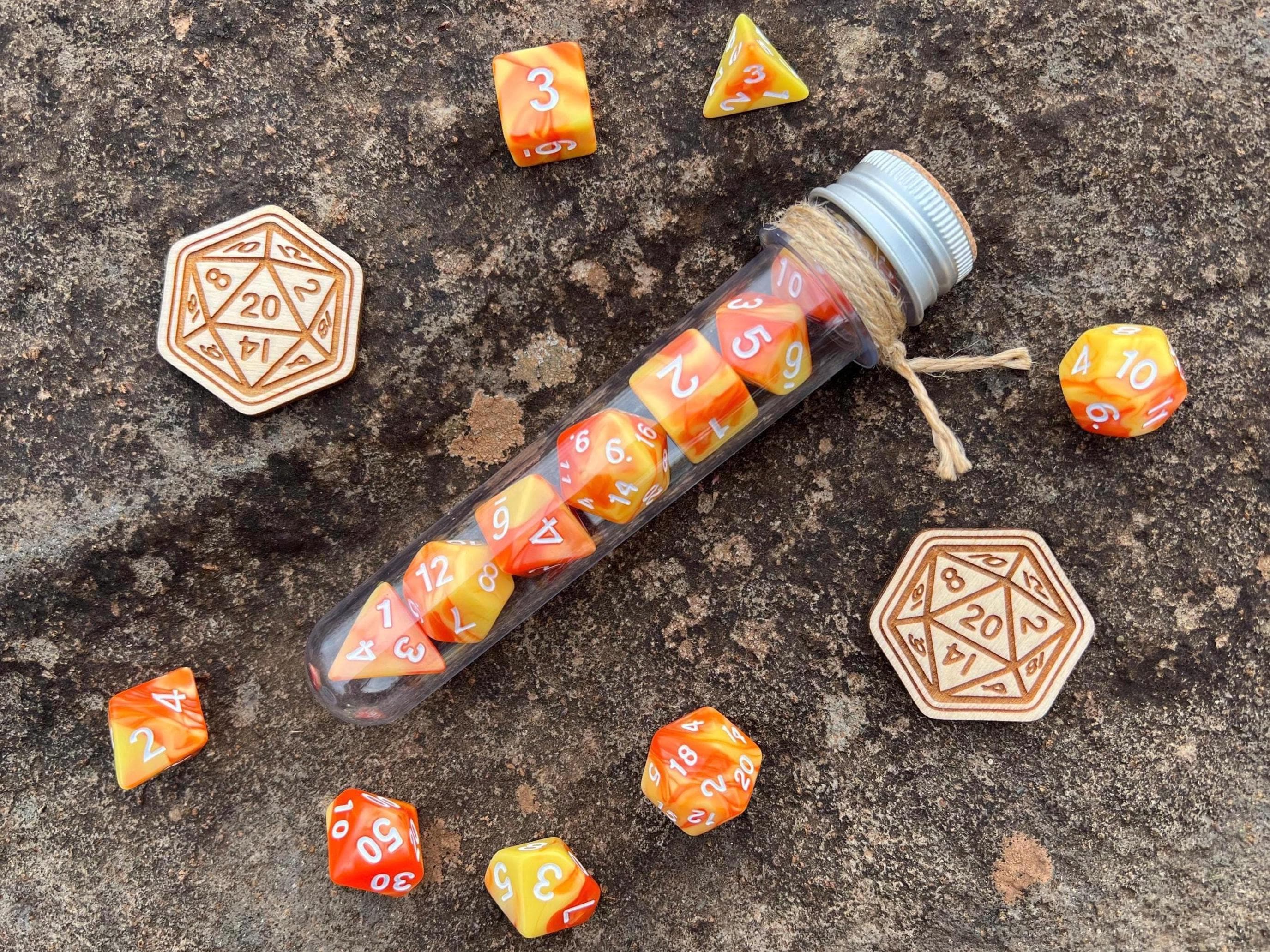 Orange Yellow White "Fireball" DnD 7 Polyhedral Dice Set in Potion Flask